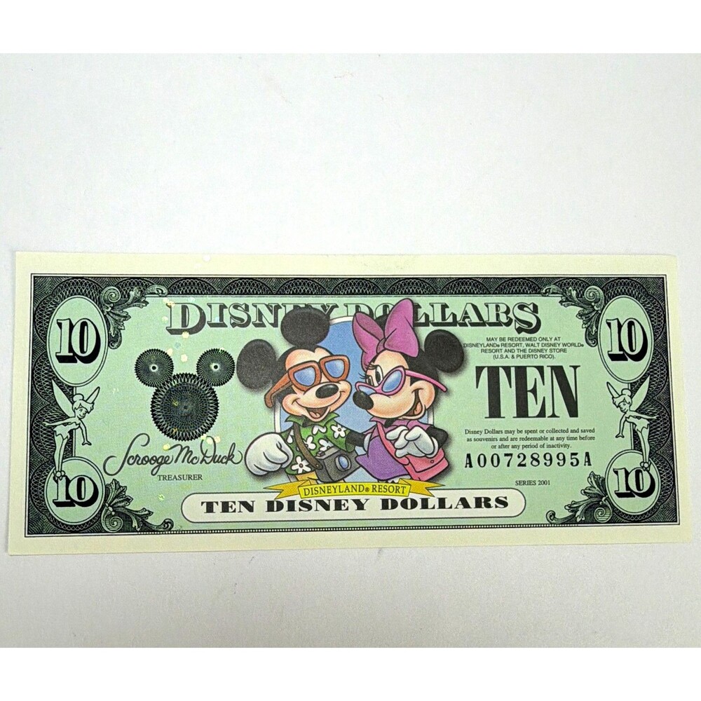 Disney Dollars $10 Note Mickey Minnie Scrooge Tinker Bell Series 2001 A00728995A